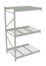 Metal storage shelf unit with three wire grid shelves, vertical supports, and diagonal braces. The design is industrial and practical, ideal for heavy-duty storage in warehouses or garages. The unit is shown against a plain white background.