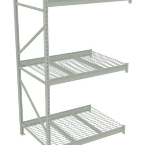 Metal storage shelf unit with three wire grid shelves, vertical supports, and diagonal braces. The design is industrial and practical, ideal for heavy-duty storage in warehouses or garages. The unit is shown against a plain white background.