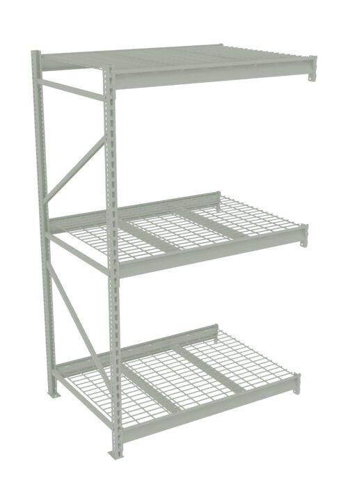Metal storage shelf unit with three wire grid shelves, vertical supports, and diagonal braces. The design is industrial and practical, ideal for heavy-duty storage in warehouses or garages. The unit is shown against a plain white background.