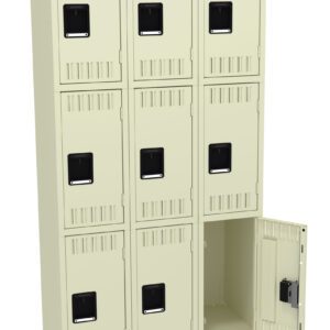 A set of beige metal lockers arranged in a 3x3 grid. Each locker has a small black handle. The bottom right locker door is open, revealing an empty compartment inside.