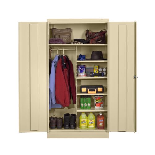 A beige storage cabinet with open doors reveals shelves containing cleaning supplies, a toolbox, boots, and various items. Clothes, including jackets and hats, hang on a rod to the left. The setup is organized and brightly lit.
