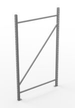 A metal frame consisting of two vertical posts, each with holes for adjustable shelving, connected by a diagonal brace and horizontal bars, standing on a white background.