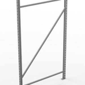 A metal frame consisting of two vertical posts, each with holes for adjustable shelving, connected by a diagonal brace and horizontal bars, standing on a white background.