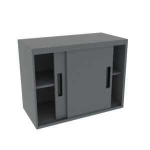 A gray cabinet with a minimalist design featuring two sliding doors and four open shelves on either side. The cabinet is set against a plain white background.