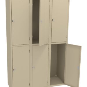 A set of beige metal storage lockers with six compartments arranged in two rows of three. Two doors are open, revealing empty spaces inside while the rest are closed. The lockers have simple handles and locks.