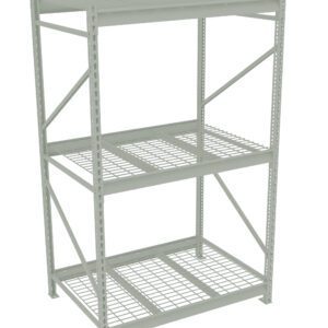 A three-tiered, metal storage shelf with a grid pattern on each level. It has a light gray finish and sturdy, angled supports on the sides, ideal for holding various items in a garage or warehouse setting.