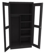 A black, open metal storage cabinet with two tall doors. The cabinet features a hanging rod in the left compartment and four adjustable shelves on the right, offering a combination of hanging and shelf storage space.