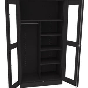 A black, open metal storage cabinet with two tall doors. The cabinet features a hanging rod in the left compartment and four adjustable shelves on the right, offering a combination of hanging and shelf storage space.