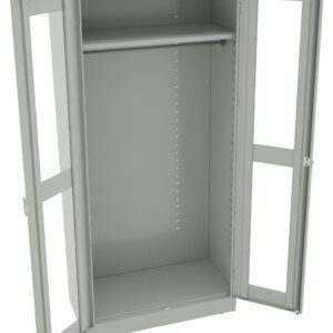 Open gray metal cabinet with two doors wide open. The interior is empty, featuring a single horizontal bar for hanging items, and side panels with adjustable holes for shelf placement.