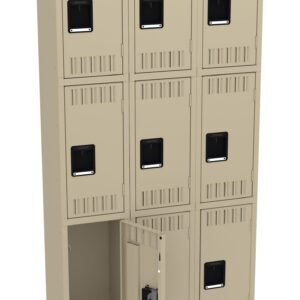 A metal locker unit with nine compartments arranged in a 3x3 grid. The lockers are beige with black rectangular handles. One locker door in the bottom row is open, revealing an empty interior.