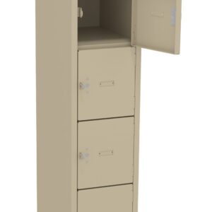 Tall beige locker with six compartments. The second compartment from the top is open, revealing an empty interior. The locker doors have small locks and handles. The overall design is sleek and practical.