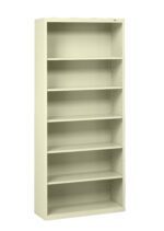 A tall, beige, six-shelf metal bookcase with an open front. The shelves are evenly spaced and adjustable, suitable for storing books or office supplies. The bookcase stands on a flat surface against a plain background.