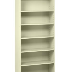 A tall, beige, six-shelf metal bookcase with an open front. The shelves are evenly spaced and adjustable, suitable for storing books or office supplies. The bookcase stands on a flat surface against a plain background.