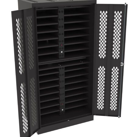 A black, metal storage cabinet with open mesh doors, revealing multiple horizontal shelves inside. The cabinet has a vented design and a lock on the right door, suitable for organizing or charging electronic devices.