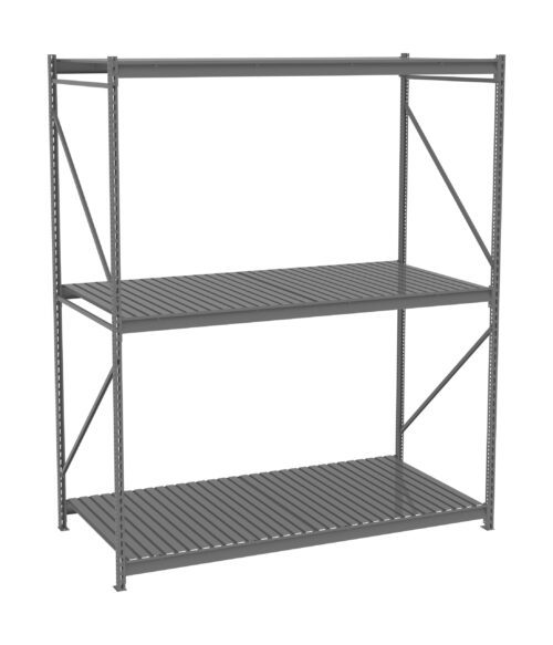 A large, gray metal storage shelf with three tiers is shown against a white background. The shelving unit has a sturdy frame and slatted shelves, suitable for organizing or storing various items.
