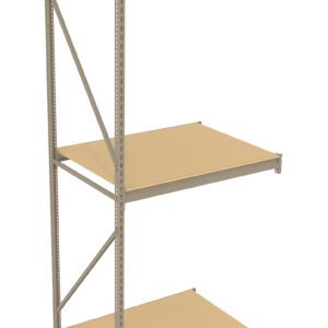 A beige metal shelving unit with three adjustable wooden shelves. The frame has numerous perforations for height customization, and cross braces at the back provide stability. The unit is empty and positioned against a plain white background.