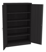 A black metal storage cabinet is shown with its doors open, revealing five adjustable shelves inside. The cabinet has a sleek and simple design, suitable for organizing various items.