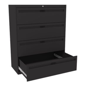 A black filing cabinet with four drawers is shown. The bottom drawer is pulled open, while the top three drawers are closed. The cabinet has a sleek, modern design.