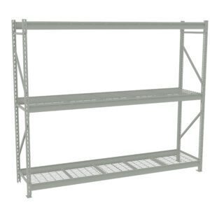 A metal shelving unit with two shelves is shown. The shelves are made of a grid pattern, and the structure is open with support beams on the sides. The finish is a light grey color.