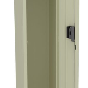 A tall beige metal locker stands open, showing its interior with a single shelf and a hanging rod. The locker door has a black lock mechanism and ventilation slits on the top and bottom.