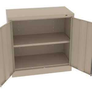 A beige metal cabinet with two open doors, revealing a single adjustable shelf inside. The cabinet is rectangular and has a smooth finish, suitable for storage in an office or industrial setting.