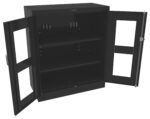 Open black metal wall cabinet with two glass-paneled doors. Inside, there are two adjustable shelves and hooks on the back panel. The cabinet is empty, and the glass doors have rectangular frames.