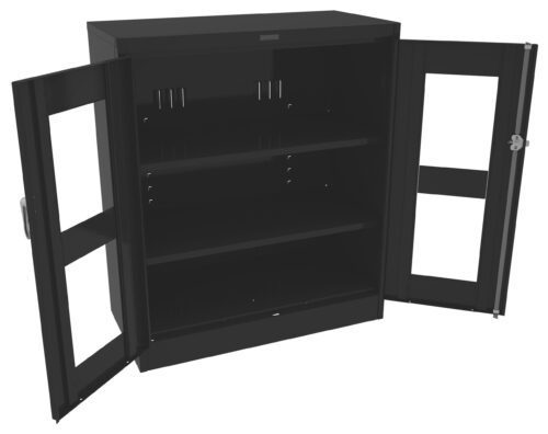 Open black metal wall cabinet with two glass-paneled doors. Inside, there are two adjustable shelves and hooks on the back panel. The cabinet is empty, and the glass doors have rectangular frames.