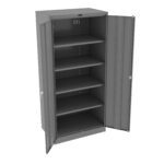 A gray metal storage cabinet with two open doors, revealing five adjustable shelves inside. The cabinet is empty and shown against a white background.