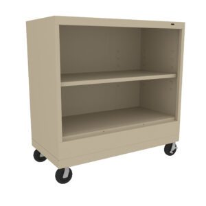 A beige, two-shelf metal storage cabinet on four black wheels. The cabinet has an open front with an adjustable middle shelf and is designed for mobility and easy access to stored items.