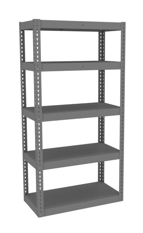 z8aoivvozq4tvtflpbzj.jpg A gray, five-tier metal shelving unit with adjustable shelves. The unit is empty and stands against a white background, showcasing its simple, utilitarian design suitable for storage or organizational purposes.