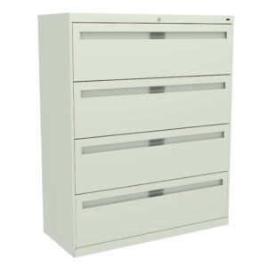 A light gray, four-drawer metal filing cabinet with horizontal handles on each drawer, set against a plain white background.