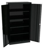 A large black metal storage cabinet with open doors, revealing four adjustable shelves inside. The cabinet has a sleek, polished appearance and sturdy construction, suitable for organizing tools or supplies.
