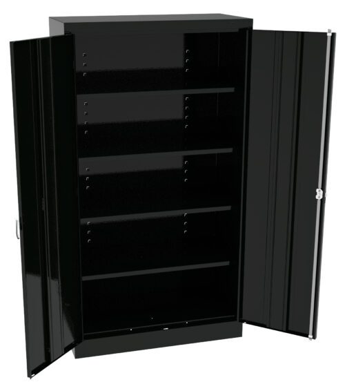 A large black metal storage cabinet with open doors, revealing four adjustable shelves inside. The cabinet has a sleek, polished appearance and sturdy construction, suitable for organizing tools or supplies.