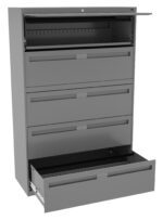 A tall, gray metal filing cabinet with five drawers. The top compartment is open upwards, while the fifth drawer is partially pulled out. The other middle drawers are closed, showing a sleek and modern design.