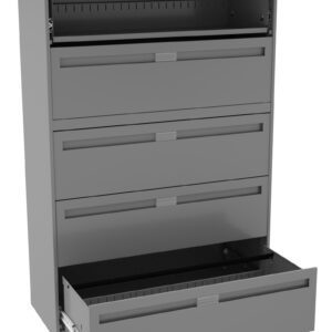 A tall, gray metal filing cabinet with five drawers. The top compartment is open upwards, while the fifth drawer is partially pulled out. The other middle drawers are closed, showing a sleek and modern design.