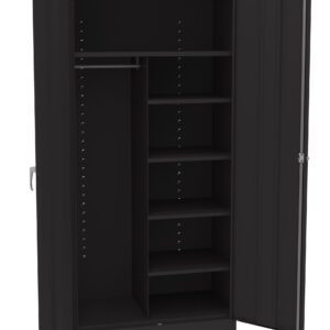 Black metal storage cabinet with two open doors. Inside, it features a clothing rod on the left and five adjustable shelves on the right. The cabinet has a sleek, minimalist design and a sturdy handle on the door.