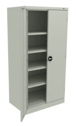 A beige metal storage cabinet with a partially open door, revealing five adjustable shelves inside. It has a black round handle, and the cabinet stands on a flat surface.