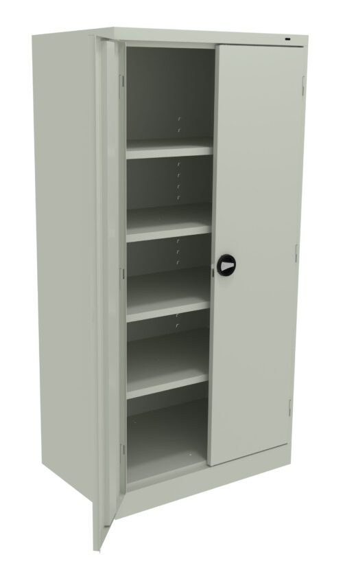 A beige metal storage cabinet with a partially open door, revealing five adjustable shelves inside. It has a black round handle, and the cabinet stands on a flat surface.
