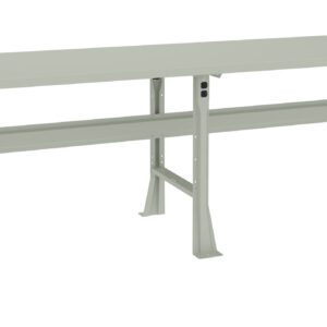 A minimalist beige table with a rectangular top and sturdy metal legs and rails designed for industrial or workshop use. The table has a simple and functional design suitable for various tasks.