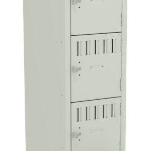 A tall, light gray locker with four compartments. The bottom compartments door is open, revealing an empty interior. Each compartment has ventilation slots and a lockable handle. The locker stands on four legs.