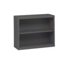 A simple, gray metal bookshelf with two open shelves, suitable for storing books or other items. The bookshelf has a clean, modern design and is freestanding.