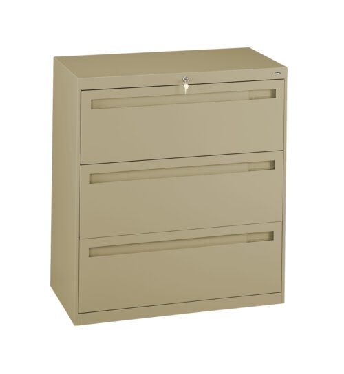 A beige, three-drawer filing cabinet with a lock on the top drawer. The cabinet has sleek, recessed handles on each drawer, and is set against a plain white background.