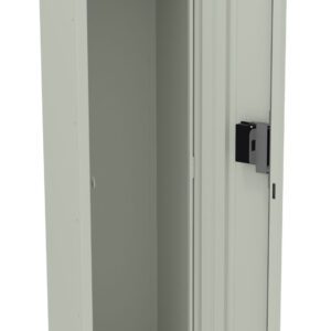 A metal storage locker with its door open, featuring a single shelf and a hanging rod inside. The locker is painted in a light gray color, and the door has slots for ventilation and a secure lock mechanism.