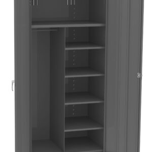 A tall, gray metal cabinet with open doors revealing multiple compartments. On the left, theres a space with a hanging rod, while the right side has five shelves. The cabinet stands on a plain white background.
