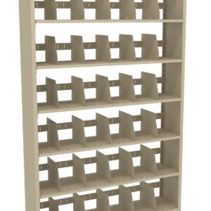 Beige metal bookcase with seven shelves, each containing adjustable dividers for organizing materials. The open-back design offers a clear view through the shelves.