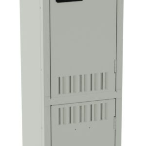 A tall, light gray metal locker with two stacked compartments, each with a black handle. The locker has ventilation slots near the top, middle, and bottom sections.