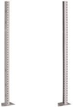 Two vertical, gray metal uprights with evenly spaced holes, standing parallel to each other. They have flat bases for support on the ground.