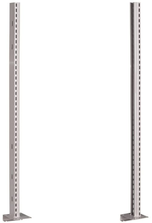 zfxofdtj9eqfjkesnme4.jpg Two vertical, gray metal uprights with evenly spaced holes, standing parallel to each other. They have flat bases for support on the ground.