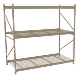 A large industrial metal shelving unit with two wire mesh shelves and a solid top. The structure features a beige finish, cross-bracing for stability, and is designed for heavy-duty storage. The unit is empty and stands against a white background.