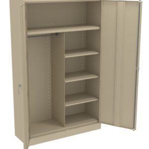 Beige metal storage cabinet with open doors. Inside, there is a hanging rod on the left, a top shelf, and four evenly spaced shelves on the right. The cabinet has a clean, industrial design and metal handles on each door.